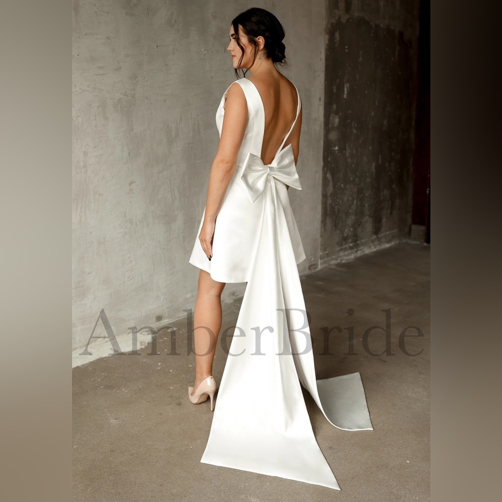 Simple A Line Knee Length Backless Short Satin Wedding Dress